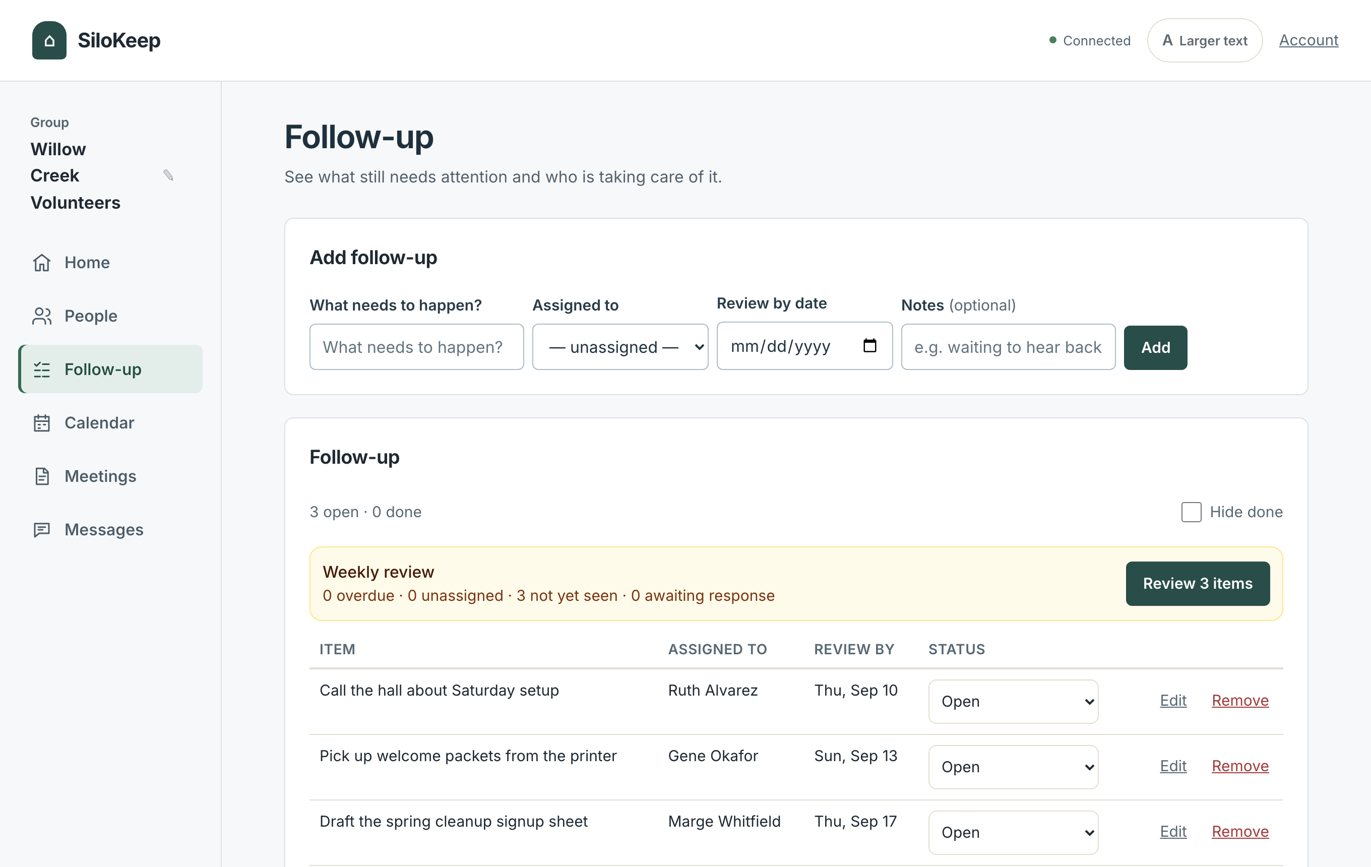 Three open follow-ups, each assigned to a person with a review date