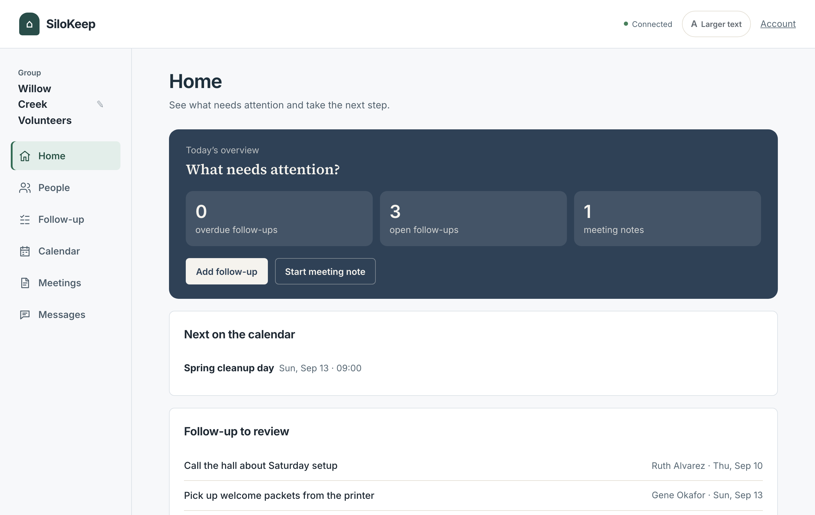 SiloKeep's Home screen for a group called Willow Creek Volunteers, showing what needs attention today