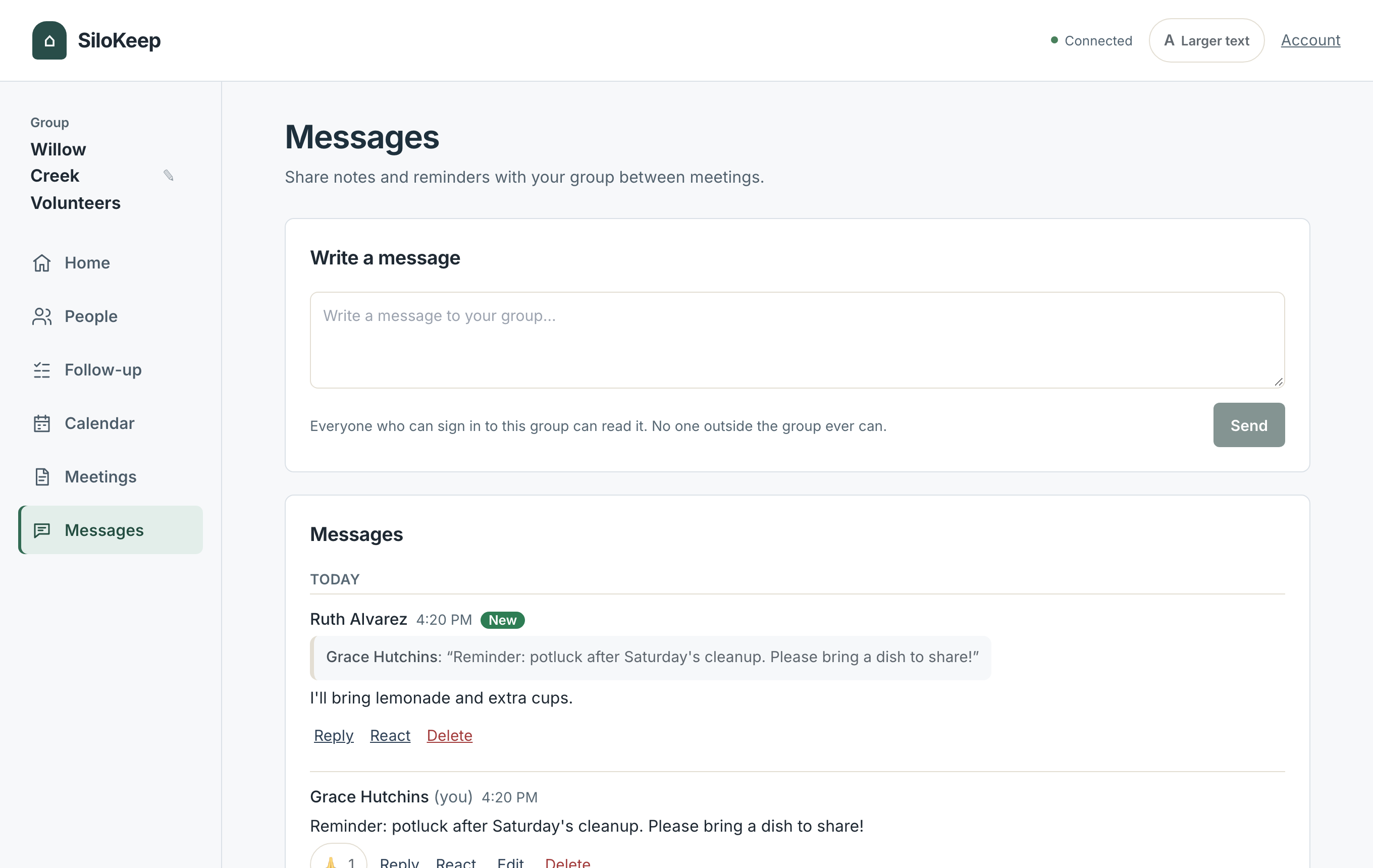 Messages: Grace's potluck reminder, Ruth's reply quoting it, and a thank-you reaction