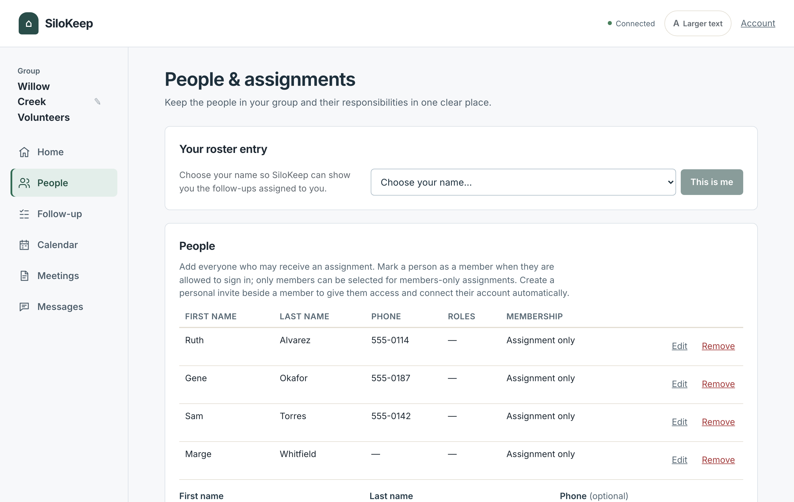 The Willow Creek Volunteers roster with four people and their assignments